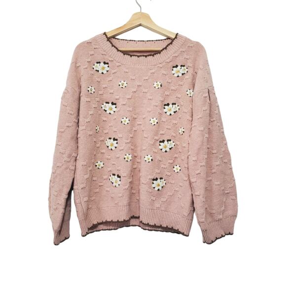 On YouWool Blend Textured Knit Puff Sleeve Floral Pattern Sweater Grannycore